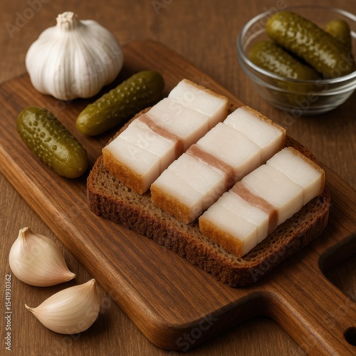 Slices of traditional Ukrainian salo served on rye bread accompanied by garlic and pickles prepared in a rustic setting