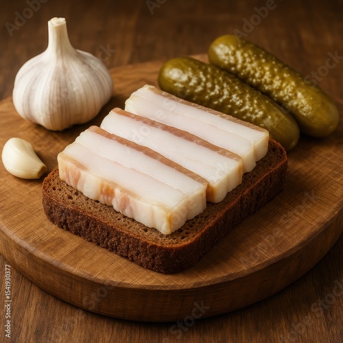 Sliced salo on rye bread served with garlic and pickles, highlighting traditional Ukrainian cuisine