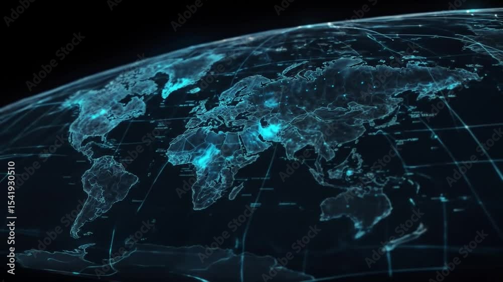 holographic 3d futuristic circular world map with continents outlined by blue light and isolated on a black screen background with coordinate data. Geopolitics and global planning background animation