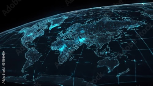 holographic 3d futuristic circular world map with continents outlined by blue light and isolated on a black screen background with coordinate data. Geopolitics and global planning background animation