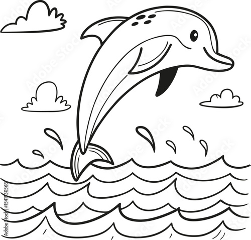 Cartoon vector illustration of a cute marine dolphin jumping out of the ocean water, embodying the joyous wild aquatic life