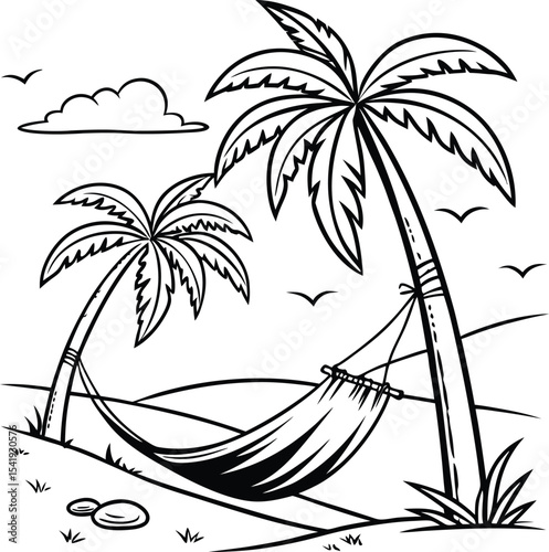 Tropical island beach vector illustration with palm trees and a summer sunset over the ocean