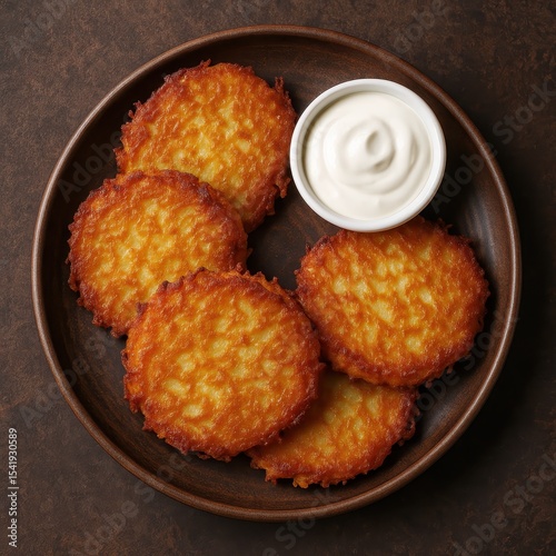 Delicious Ukrainian deruny potato pancakes served with creamy sour cream dip at a rustic table