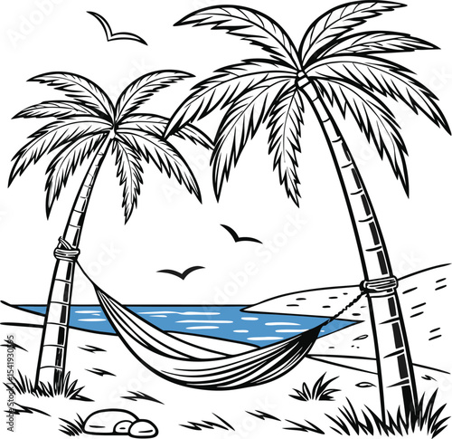 Tropical vector illustration of an exotic island beach with palm trees and a summer sunset over the ocean