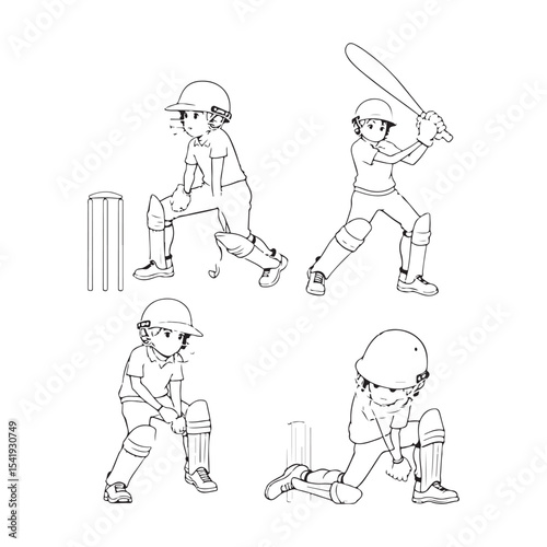  vector silhouette six and 8 year old Cricket batsman in batting actions set
