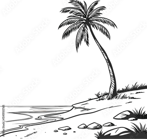Tropical island vector illustration with palm tree silhouette at sunset beach