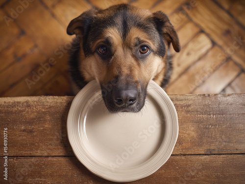Home setting with a dog holding an empty plate, expressing anticipation for food during meal time