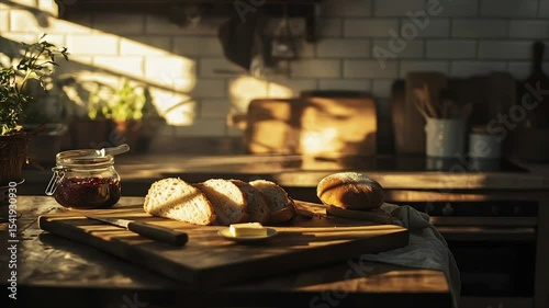 Sunlit kitchen counter with sliced bread, butter, and jam