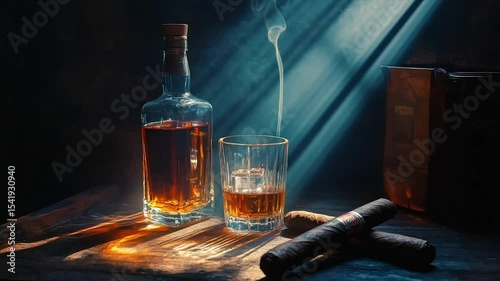 Whiskey, cigars, and ice on a dark wooden surface, backlit