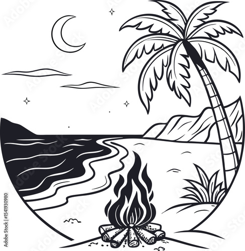 Tropical island vector illustration with palm trees on a summer beach at sunset