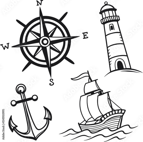 A vibrant vector set of marine icons, perfect for illustrating a nautical adventure with ships, anchors, and compasses