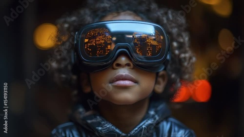 A child gazes upward, wearing futuristic goggles reflecting city lights