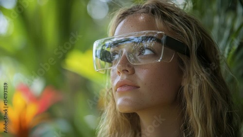 Woman wearing transparent futuristic eyewear outdoors