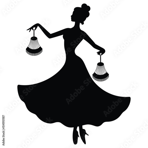 woman in Arm flourish with castanets dance pose, a captivating black silhouette of a woman in a flowing dress, poised in a dance pose, holding decorative lamps.