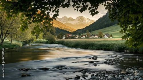 Misty Mountain Village River Scene at Sunrise