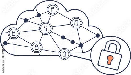 Cloud network with security locks connected by lines and nodes representing data protection concept design