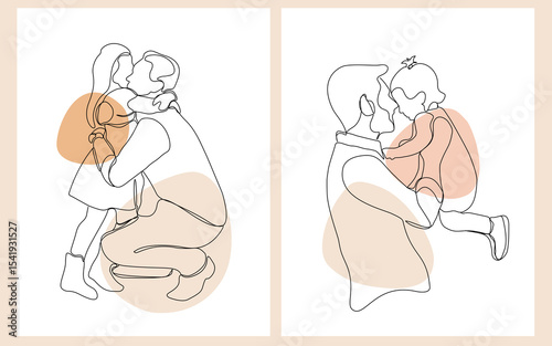 Set of Continuous One Line Art Drawing. Happy young father with little daughter. Daddy and daughter in continuous line art. Vector Illustration.