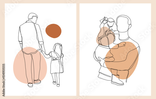 Set of Continuous One Line Art Drawing. Happy young father with little daughter. Daddy and daughter in continuous line art. Vector Illustration.