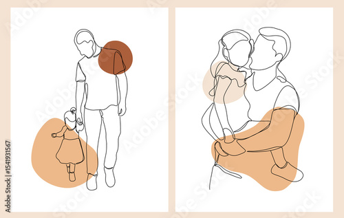 Set of Continuous One Line Art Drawing. Happy young father with little daughter. Daddy and daughter in continuous line art. Vector Illustration.