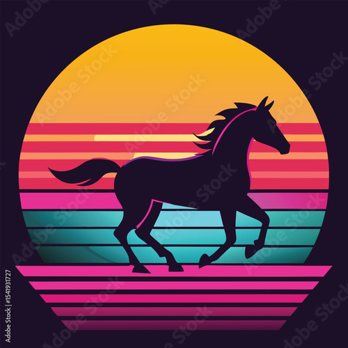 Retro silhouette of a galloping horse against a vibrant sunset in 80s style