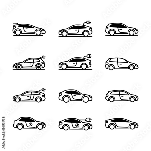 
Twelve black vector line icons illustrate various car types, emphasizing electric vehicles and modern designs.