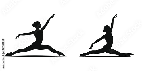 Grand Jeté split leap dance pose, two black silhouettes of ballet dancers in dynamic poses, showcasing flexibility and athleticism.