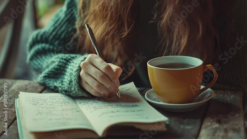 Woman journaling with tea, cozy autumn vibes