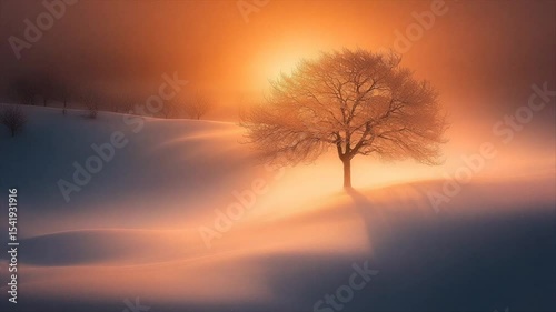Solitary tree silhouetted against a vibrant winter sunset, shrouded in mist