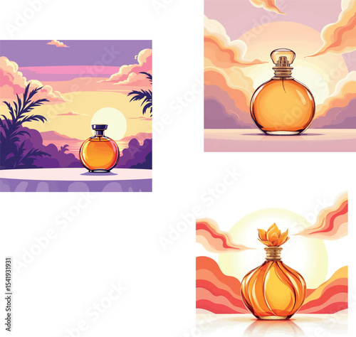 Vsai perfume bottles displayed on table at sunset, luxury and elegance