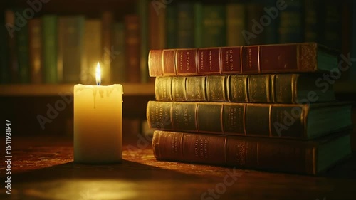 A lit candle beside a stack of antique books on a dark wooden surface, set against a dimly lit bookshelf