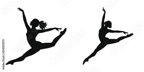 Grand Jeté split leap dance pose, two dynamic ballerina silhouettes in mid-air leaps, showcasing athleticism and elegance.