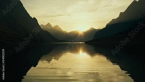Serene sunset over a tranquil mountain lake, reflecting golden light