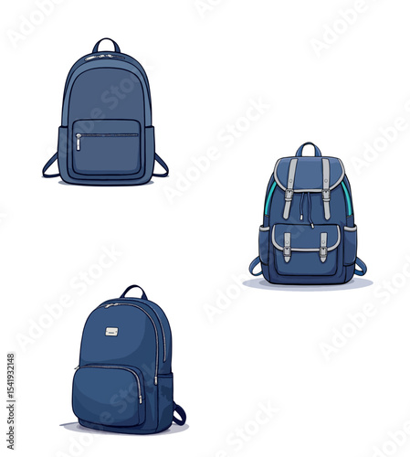 Vsai set of blue backpacks showing different styles and features