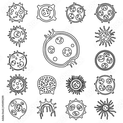 Sixteen black and white vector outline icons depict various microscopic cells, possibly stem cells or viruses.