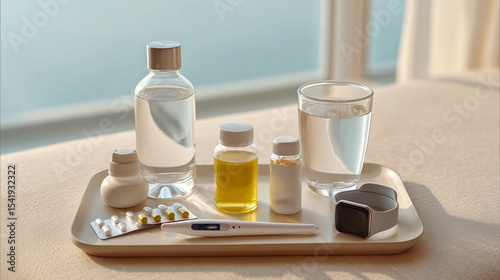 Health tracking essentials with preventive medicine tools arranged on a tray by the window in a bright setting
