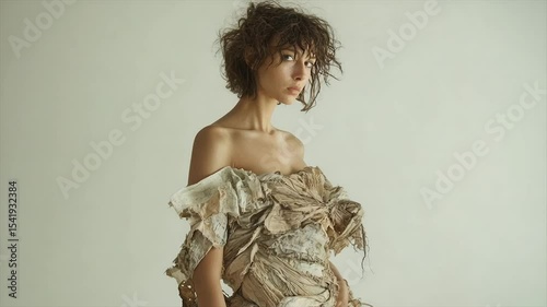 Woman in textured off-shoulder dress, eyes closed