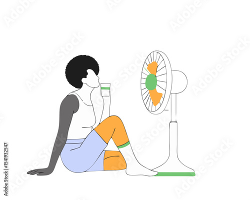 Young Black Woman Cooling Off with Fan - Summer Heat Relief Vector Illustration