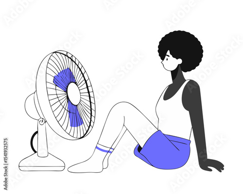 Young Black Woman Cooling Off with Fan - Summer Heat Relief Vector Illustration