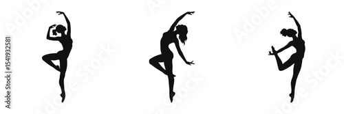 woman in Attitude dance pose, three black silhouettes of ballet dancers in dynamic poses against a pure white background.