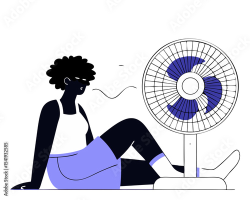 Young Black Woman Cooling Off with Fan - Summer Heat Relief Vector Illustration