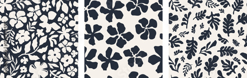 Abstract floral seamless pattern set with hand-drawn flowers and leaves in navy and cream. Modern botanical design for fabric, wallpaper, packaging, stationery, digital projects. Vector illustration