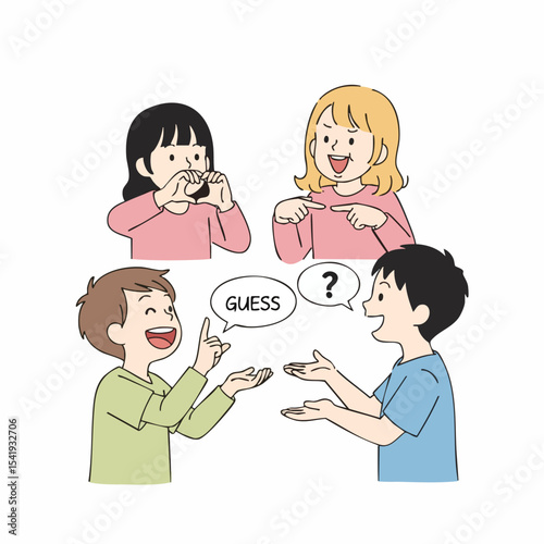 Cartoon Illustration of Four Children Playing Charades Guessing Game Together