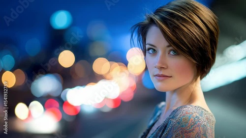 Woman with short hair in city lights