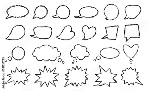 Brush hand drawn speech bubbles set. Rough grungy textured uneven messy outline stroke edge. Talking, speaking, screaming, laughing, thinking, dreaming cloud linear grunge shapes collection.