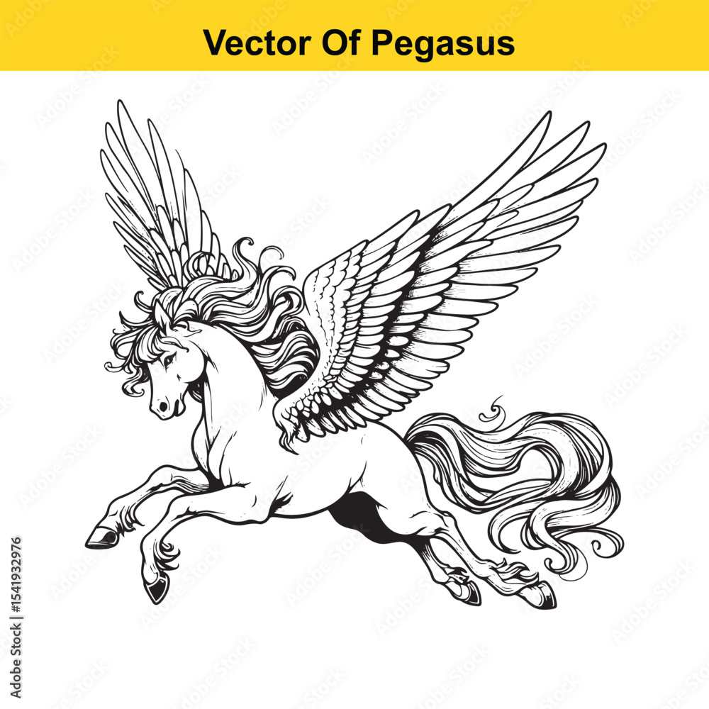 Fototapeta premium Black and White Line Art of a Majestic Pegasus with Wings for Easy Tracing