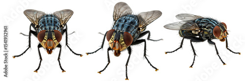 Houseflies Close Up Collection On Isolated Transparent Background

