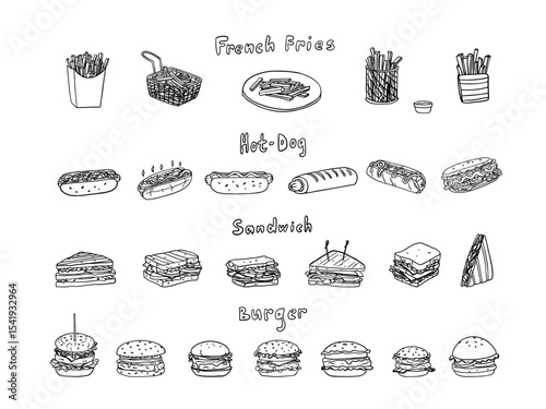 Set of hot dogs, sandwiches, cheeseburgers, hamburgers and french fries in doodle style. French hot dog. Fast food. Street food. Unhealthy food. Great for menu design. Hand drawn