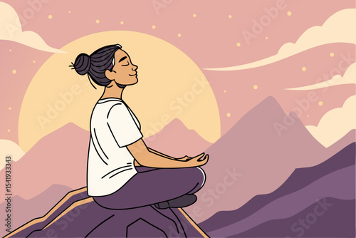 Woman meditating in mountains at sunrise