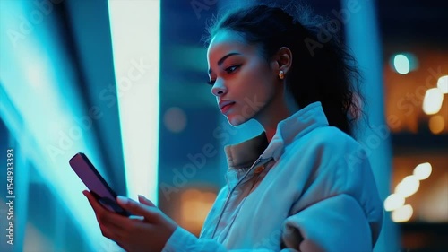 Woman checking phone at night under vibrant neon lights
