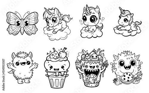 A black and white line art illustration shows cute creatures and desserts in cartoon style